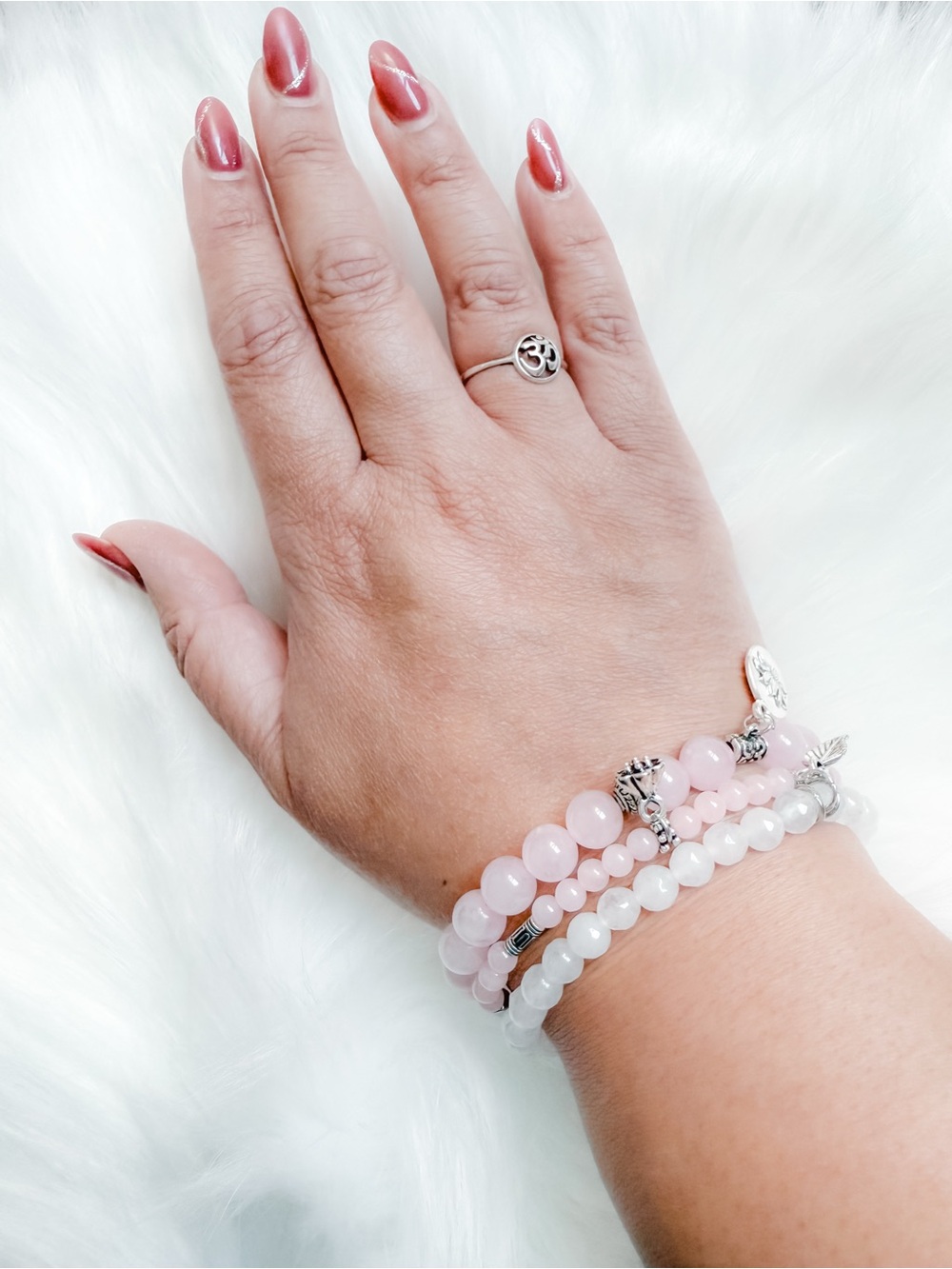 Lotus Rose Quartz Charm Bracelet Trio - Crystal Bracelet Layering Set